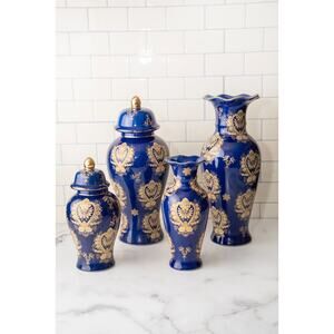Vintage Cobalt Blue & Gold Vases | Set of 4 | Stamped Floral Chinese | Ceramic